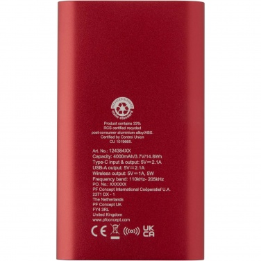 Logotrade Werbeartikel das Foto: Juice 4000 mAh Typ-C kabellose Powerbank aus recyceltem Aluminium 