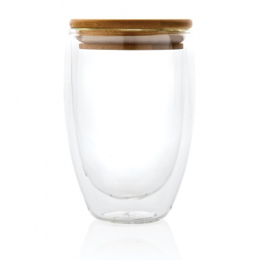 Logotrade Werbegeschenke das Foto: Doppelwandiges Borosilikatglas mit Bambusdeckel 350ml