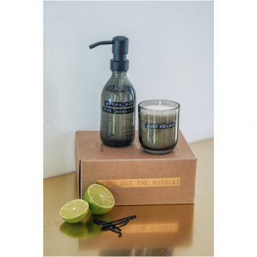 Logo trade promotional items image of: Wellmark Discovery 200 ml hand soap dispenser and 150 g scented candle set - dark amber fragrance