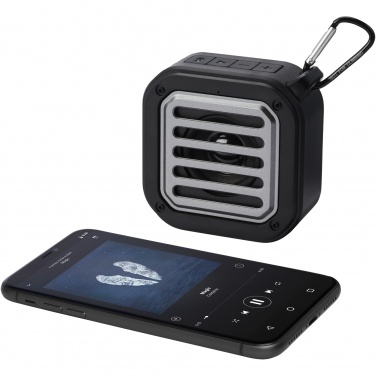Logo trade promotional merchandise image of: Solo 3W IPX5 RCS recycled plastic solar Bluetooth® speaker with carabiner 