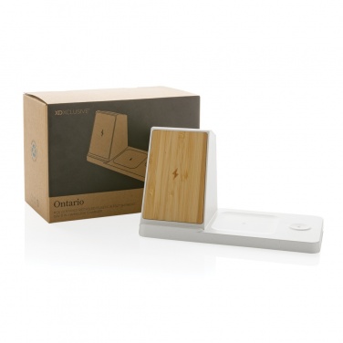 Logo trade promotional merchandise photo of: Ontario recycled plastic & bamboo 3-in-1 wireless charger