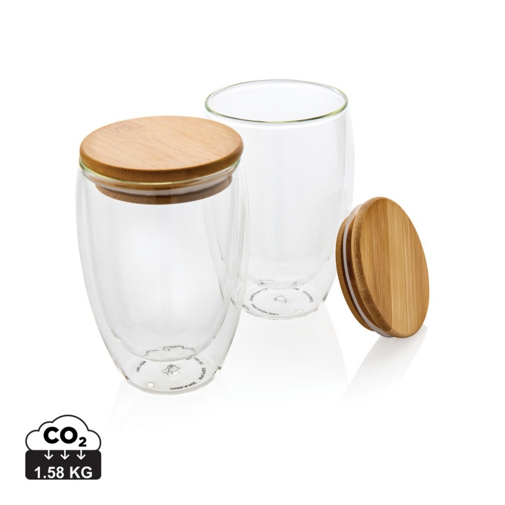 Logo trade promotional giveaways image of: Double wall borosilicate glass with bamboo lid 350ml 2pc set