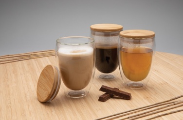 Logo trade business gift photo of: Double wall borosilicate glass with bamboo lid 350ml 2pc set