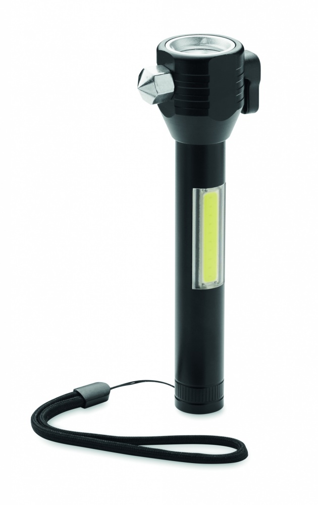 Logo trade advertising product photo of: 3-in-1 aluminum flashlight with an emergency hammer and seatbelt cutter, customizable with printing
