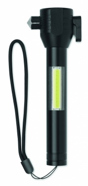 Logo trade promotional items image of: 3-in-1 aluminum flashlight with an emergency hammer and seatbelt cutter, customizable with printing