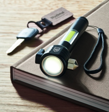 Logo trade advertising products image of: 3-in-1 aluminum flashlight with an emergency hammer and seatbelt cutter, customizable with printing