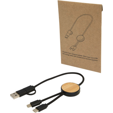 Logo trade promotional giveaway photo of: Chechia 5-in-1 recycled plastic 30 cm data sync and 27W fast charge cable with bamboo details