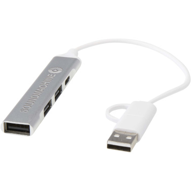 Logotrade presentreklam bild: Alkaid 4-portars USB-A- och Typ-C-hubb med dubbla ingångar av återvunnen aluminium